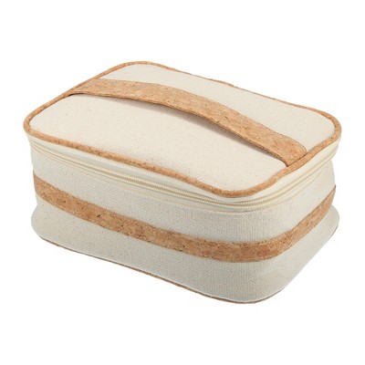 Unique Bargains Canvas Portable Travel Wood Grain Pattern Makeup Bag Beige 8.54"x3.94"x6.02" 1 Pc