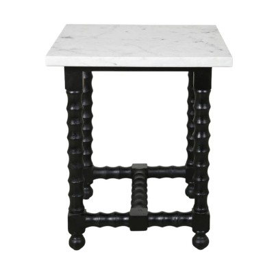 HomeRoots 24" White and Black Marble and Solid Wood Square Trestle End Table