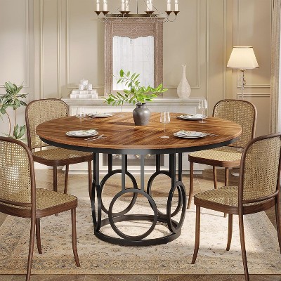 Okak Rustic Industrial Large Round Dining Table with Sturdy Metal Base,Minimalist Kitchen Dinner Table for Dining Room,Breakfast Nook