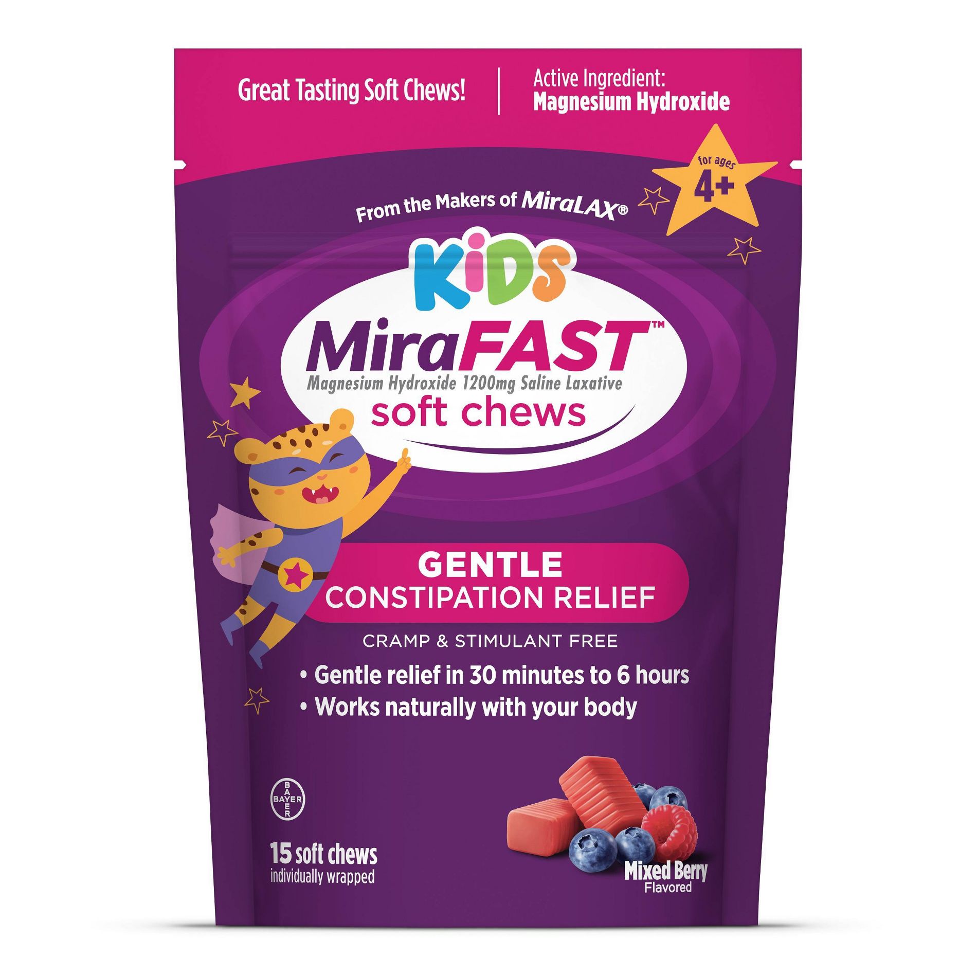 MiraFAST Kids Soft Chews, from The Makers of MiraLAX, Gentle Constipation Relief for Kids 4+ and Adults - 15ct