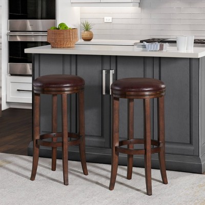 Distressed Walnut Backless Bar Height Stool with Leather Seat, Set of 2