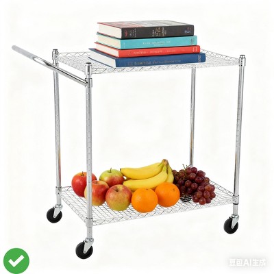 Commercial Grade Utility Cart - 2/3 TiresWire Rolling Cart with Handle Bar Alloy Steel Food Storage Trolley Low Handle