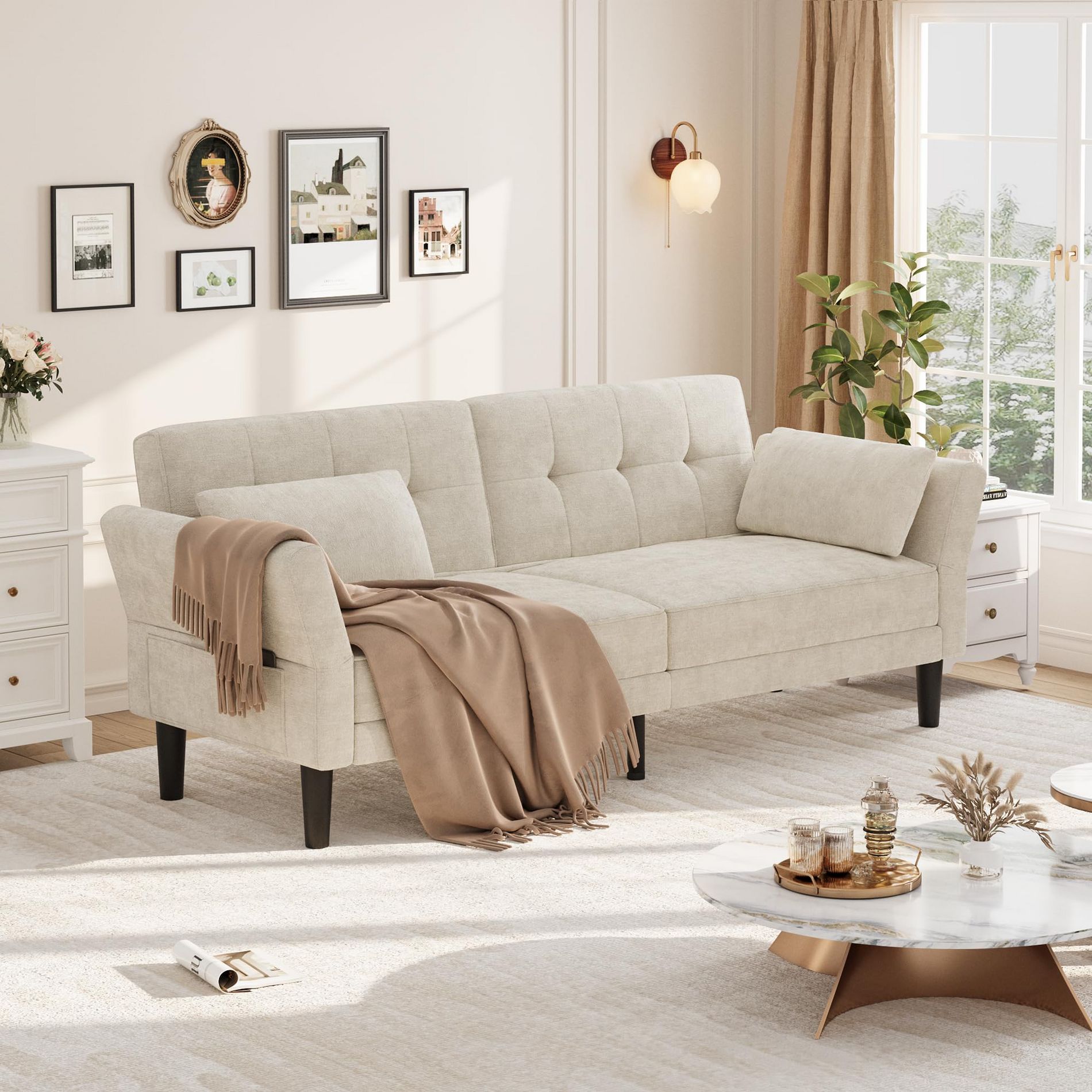 89"  Futon Sofa Bed, Modern Convertible Sleeper Couch with Adjustable Backrest & Armrest, Comfy Futon Couch Bed with 2 Pillows