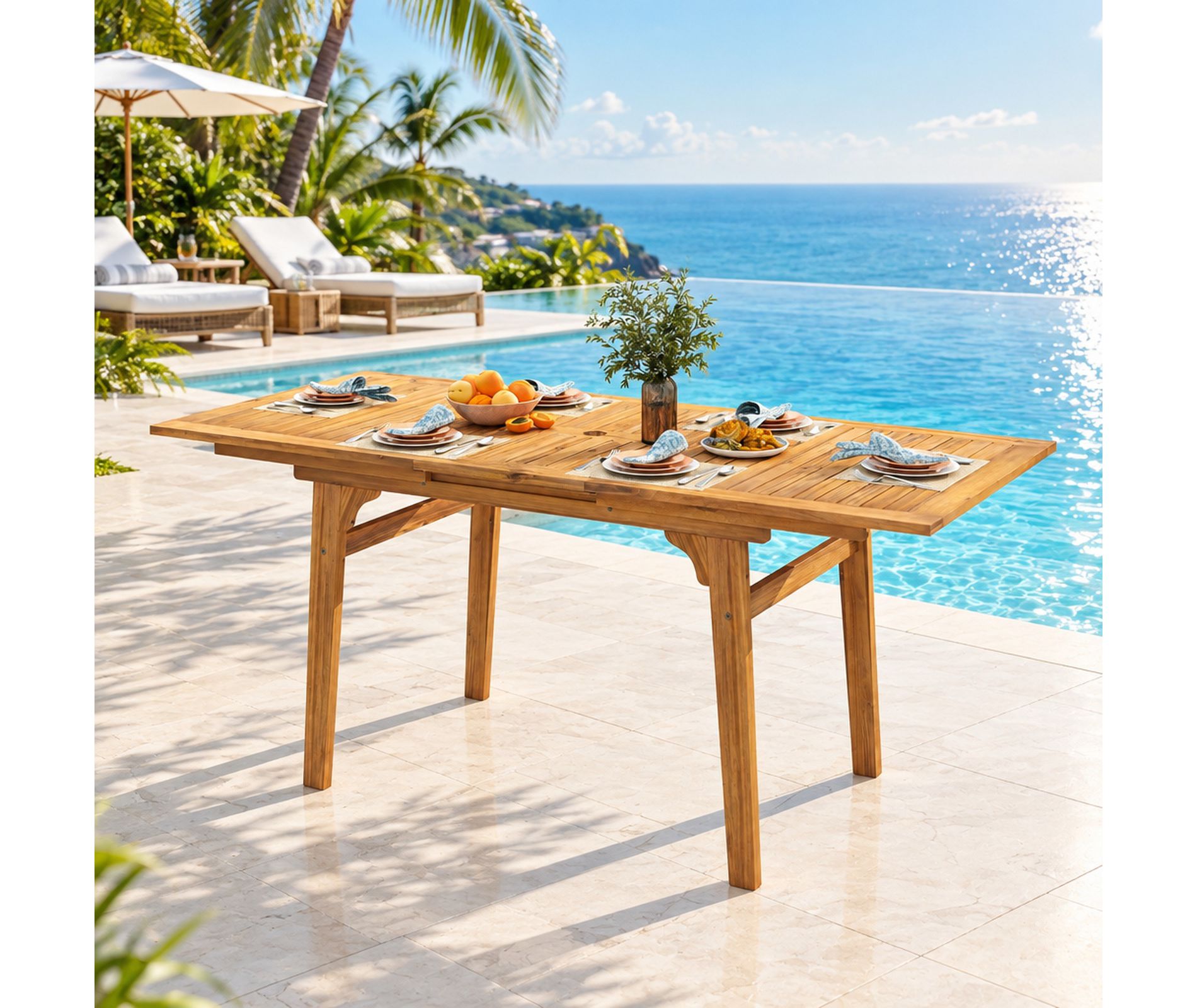 Expandable Acacia Wood Patio Dining Table with Umbrella Hole for 6-8 People, 55-71 Inch