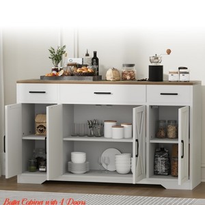 Hallway Farmhouse 55" Buffet Sideboard Kitchen Storage Cabinet w 3 Sliding Drawers, 4 Adjustable Shelves, and Large Wood Coffee Bar Cabinet - 1 of 4