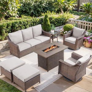 Belord 7PCS Patio Furniture Set with 41" Propane Fire Pit Table, Outdoor Conversation Set with All Weather Brown Wicker Patio Couch and Swivel Chair - 1 of 4