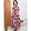 Women Plus Size Maxi Dress V Neck Summer Dress Short Sleeve Long Dress High Waist Ruffle Casual Dress with Belt, Wine Red White Floral, 4XL - 4 of 4