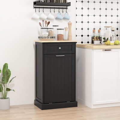 Black Wooden Kitchen Storage Cabinet with Light Wood Top