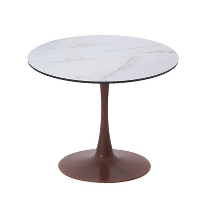 LeisureMod Bristol Round Dining Table with MDF Top and Walnut Steel Pedestal Base for Modern Kitchen and Dining Room