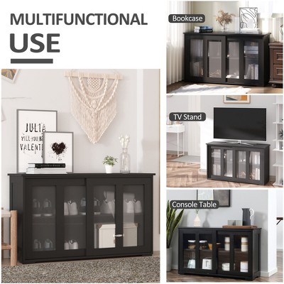 Modern Black Stackable Sideboard with Sliding Glass Door and Adjustable Shelf