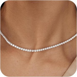 Tennis Choker Necklace for Women, 14K Gold/Silver Plated Cubic Zirconia Chain silver tennis necklace 3mm - 1 of 4