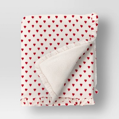 Mini Hearts Printed Plush Throw with Faux Shearling Reverse and Ruffled Trim Ivory/Red - Threshold™