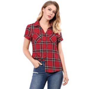 INSPIRE CHIC Women's Classic Short Sleeve Button Down Plaid Shirt - 1 of 4