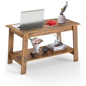 31.49" Coffee Table,  Set of 2-Tier Storage Nightstand with  Wood Finish for Bedroom/Living Room, Narrow Industrial Space-Saving Design - 1 of 4