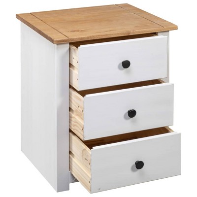 White and Light Brown Pinewood 3-Drawer Bedside Cabinet