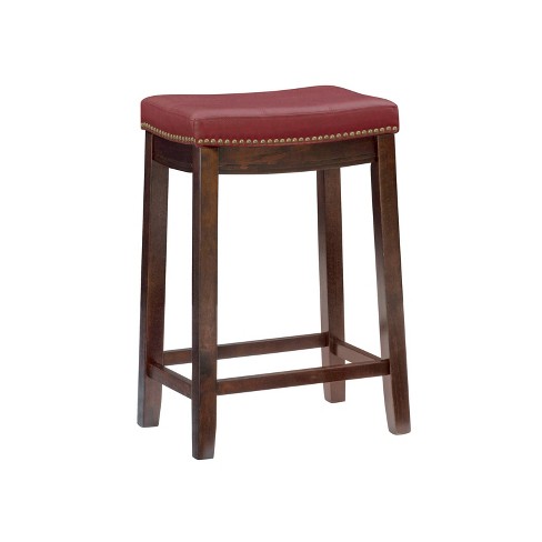 Claridge Backless Faux Leather Nailhead Saddle Counter Height Barstool Red Linon