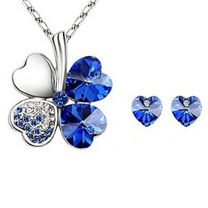 Lucky Sweethearts Gold Plated Crystal Heart Shaped Four Leaf Clover Pendant Necklace and Earrings Jewelry Set - 1 of 1