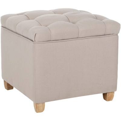Joanie Beige Tufted Linen Ottoman with Pickled Oak Legs