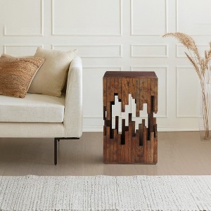 Royal Hampton 24 Inch Accent Side End Table, Brown Acacia Wood, Slatted Square Top, Handcrafted Abstract Silhouette - 1 of 4