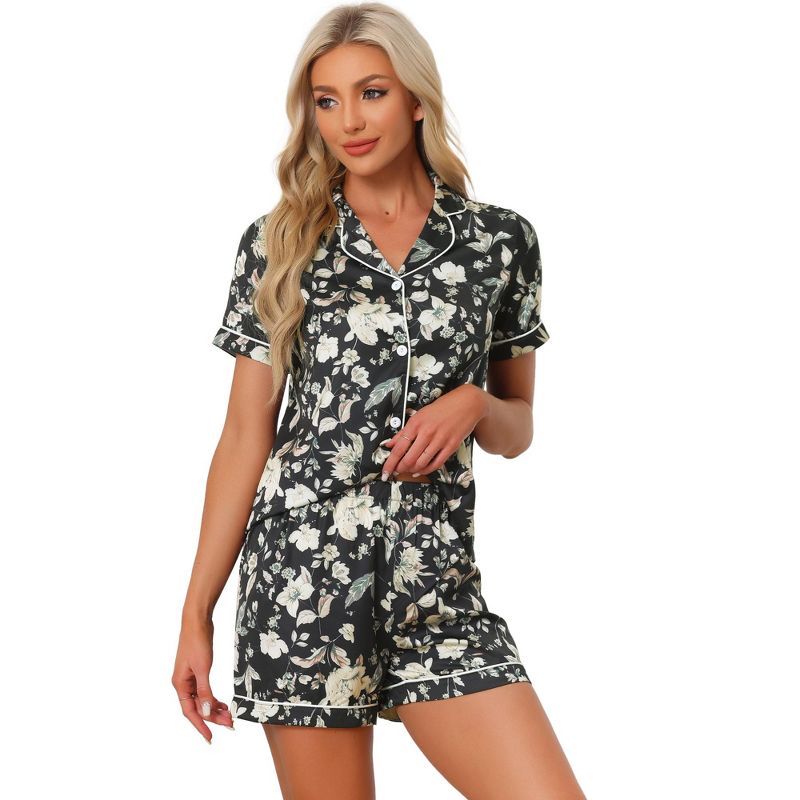 cheibear Women's Floral Button Down Shirt with Shorts Satin Pajamas Sets, 1 of 5