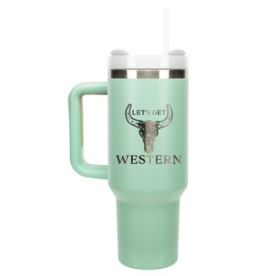 100 North Let's Get Western Bull Skull Country Cowboy Wrap-Around 40 Oz. Stainless Steel Water Bottle Coffee Mug, Spill & Leak Resistant, Travel