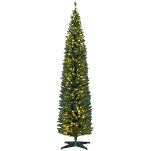 8ft Pencil Christmas Tree, Slim Artificial Christmas Tree with Realistic Branches and Warm White LED Lights - 1 of 4