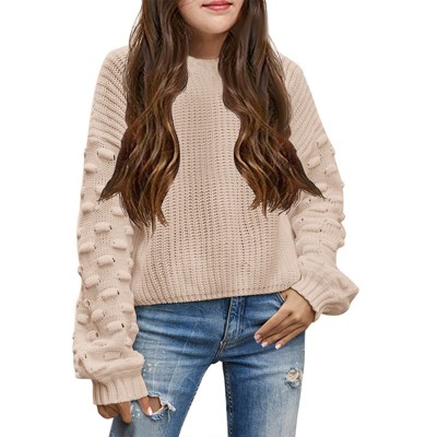 Girls Pullover Sweater Cable Knit Soft Comfy Sweater for Girls Crew Neck Sweater Puff Sleeve Ribbed Knit Cuff