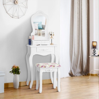 Costway White Vanity Jewelry Makeup Dressing Table Stool Drawer