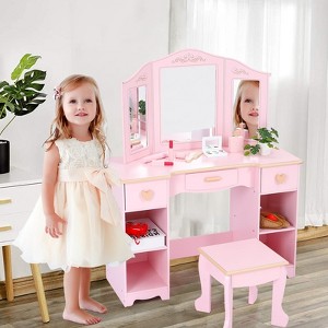 Kids Pretend Play Vanity Set with Tri-Fold Mirror, Stool & Storage - Toddler Makeup Desk for Girls 3+ - 1 of 4
