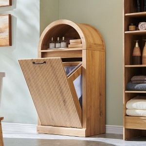 Modern Tilt-Out Trash Can Cabinet, Arched 10 Gallon Trash Can with Fluted Door & Open Shlef, Hidden Garbage Can for Kitchen, Living Room - 1 of 4