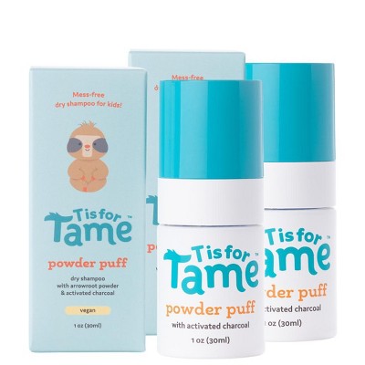 T is for Tame - Powder Puff Dry Shampoo for Babies & Kids, Gentle Formula with Arrowroot Powder & Activated Charcoal, Mess-Free Application, 1 oz.