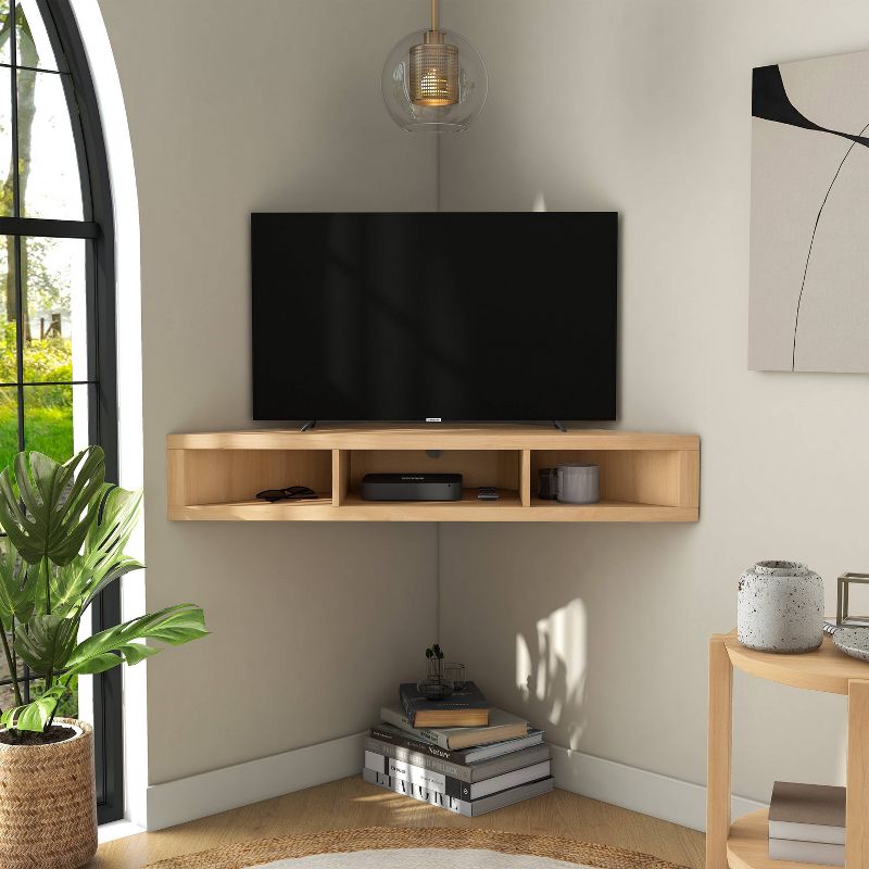 HOMES: Inside + Out Tybo Open Shelves Corner Floating Console Fits TV Stand for TVs up to 50&#34; Gingko Maple, 4 of 12