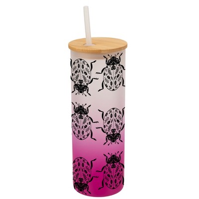 Elanze Designs Floral Beetle Bug Insect Wrap-Around Design 25 Ounce Frosted Gradient Glass On-The-Go Coffee Travel Skinny Tumbler Mug Cup, Bamboo Lid