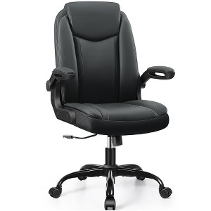 KERDOM Executive Leather Office Chair with Adjustable Flip-up Armrests Height, Swivel Task Chair with Lumbar Support, Black - 1 of 4