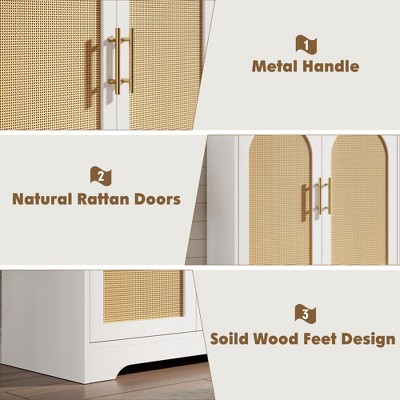 Close-up of metal handles, natural rattan doors, and wood feet