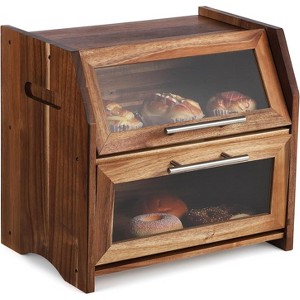 Acekool Double Layer Bread Box, Acacia Wood Bread Bin with Clear Door & Air Vents, Countertop Storage for Bread, Bagels, Muffins, Brown - 1 of 4