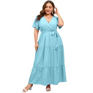 BLUEMING Summer Maxi Dress for Plus Size Women Tie Wasit Surplice Dress Flutter Sleeve A-Line Dress - 1 of 4