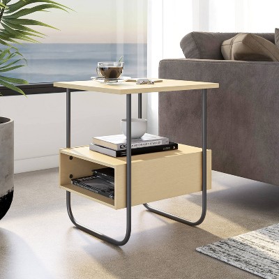 Light Maple and Black Metal Modern End Table with Open Shelf