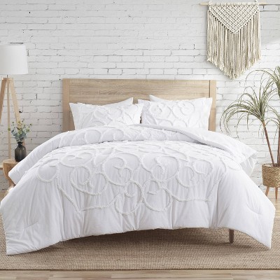 VCNY 3pc Full/Queen Tufted Boho Medallion Comforter Set White: Hypoallergenic, Microfiber, Machine Washable