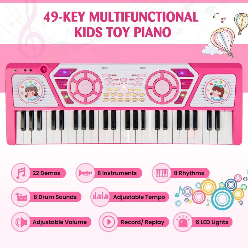 Costway 49-Key Kids Keyboard Portable Electric Lighted Piano Instrument Toy Microphone, 3 of 11