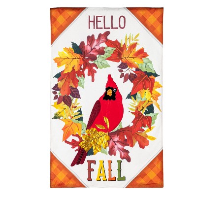 Hello Fall Cardinal Wreath House Linen Flag