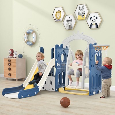 Five in One Children's Slide Swing Set,Climbing Slide with Basketball Circle,Polyethylene Material,Blue,for 1-3 Year Old Children's Slide