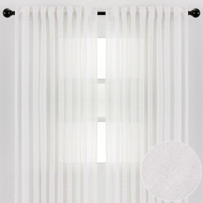 White Faux Belgian Flax Semi-Sheer Window Curtain Panels, 52 x 63 Inches