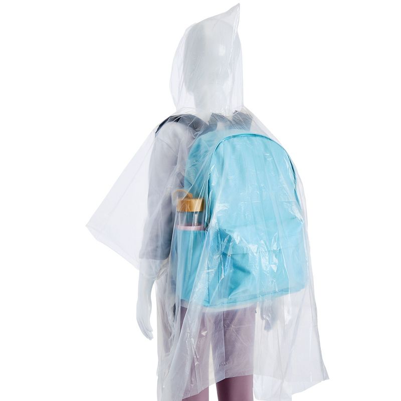 Blue Panda 20-Pack Disposable Rain Ponchos for Kids - Emergency Plastic Raincoats with Hood for Boys and Girls (Clear), 5 of 8