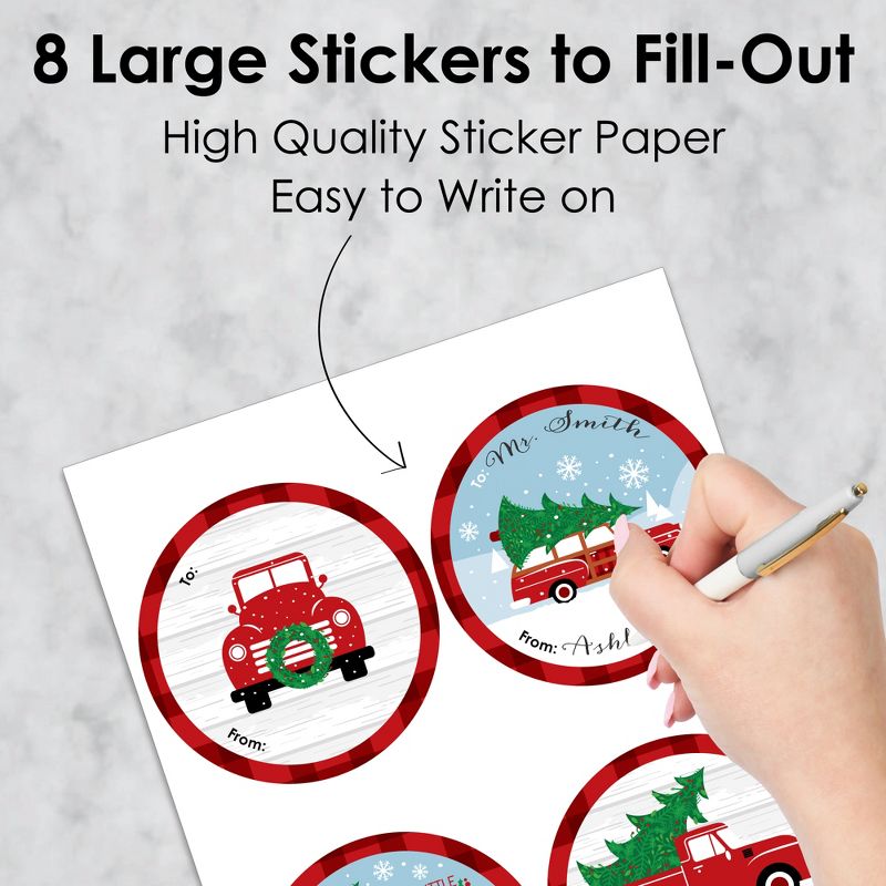 Big Dot of Happiness Merry Little Christmas Tree - Round Red Truck and Car Christmas Party To and From Gift Tags - Large Stickers - Set of 8, 5 of 8