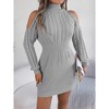 Autumn Winter Casual Off-Shoulder Half Turtleneck Cable Knit Lantern Sleeve Bodycon Sweater Dress - 3 of 4