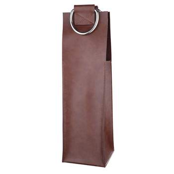 Viski Leather Wine Bag, Wine Gift Bag Faux Leather, Magnetic Closure, Stainless Steel Handle, Holds 1 Standard Wine Bottle, Brown, Set of 1