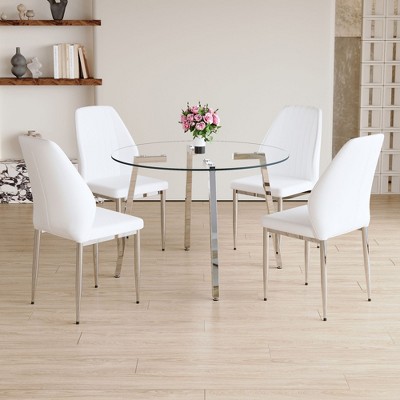 NicBex Dining Table Set for 4 Kitchen Table Round Clear Glass Dining Table Silver Metal Table Legs 4 PU Comfort Dining Chairs