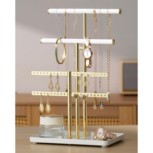 Adjustable Metal Jewelry Stand with Velvet Base, 10-17 Inch Tall Display for Bracelets, Necklaces & Rings, White and Gold - 1 of 4