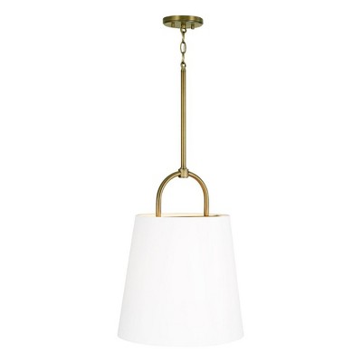 Aged Brass Pendant Light with White Fabric Shade